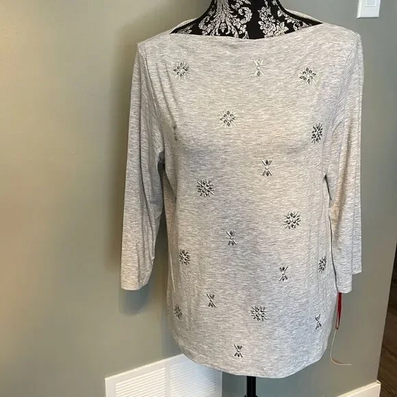 Ruby Rd Embellished Boat Neck Tee-GREY-Medium - Picture 1 of 4